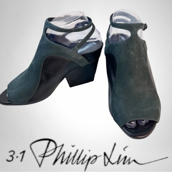 3-1 PHILLIP LIM Black Leather Grey Nubuck Open Toe Heels Size 5.5 - Picture 1 of 13